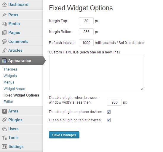 opciones de widgets fijos wordpress