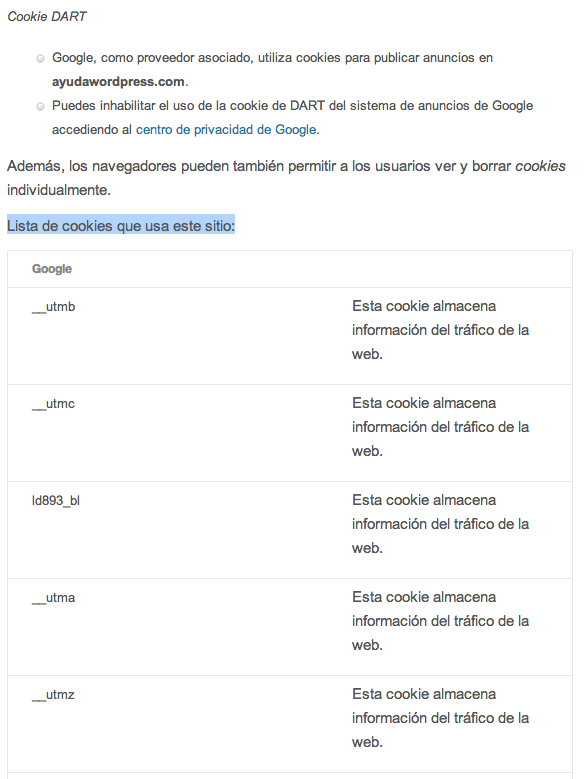 shortcode lista cookies