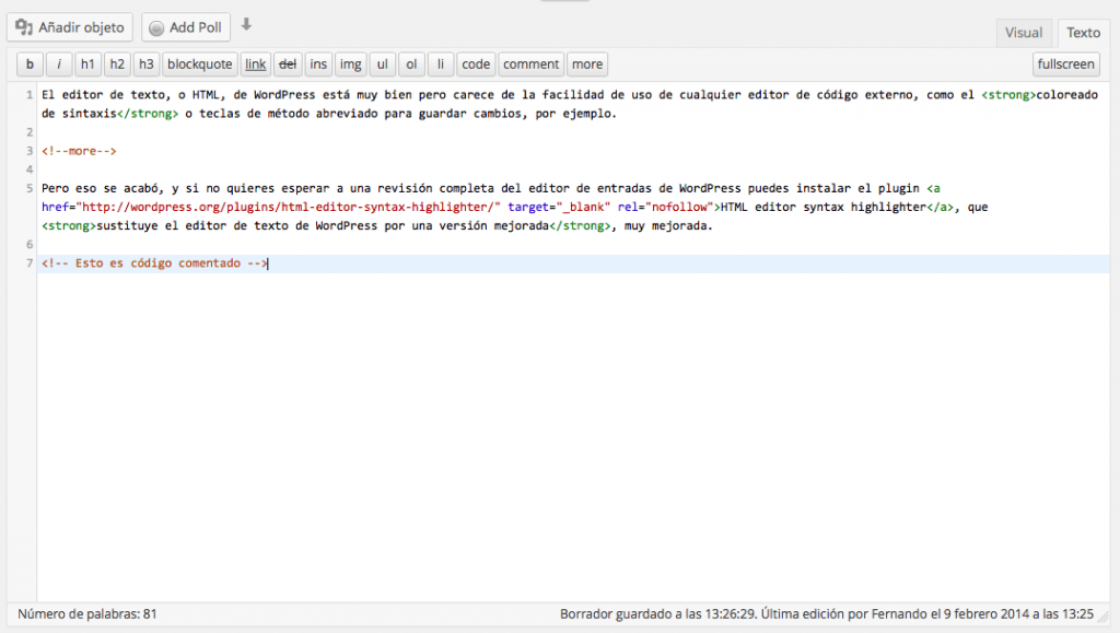 editor html sintaxis colores wordpress