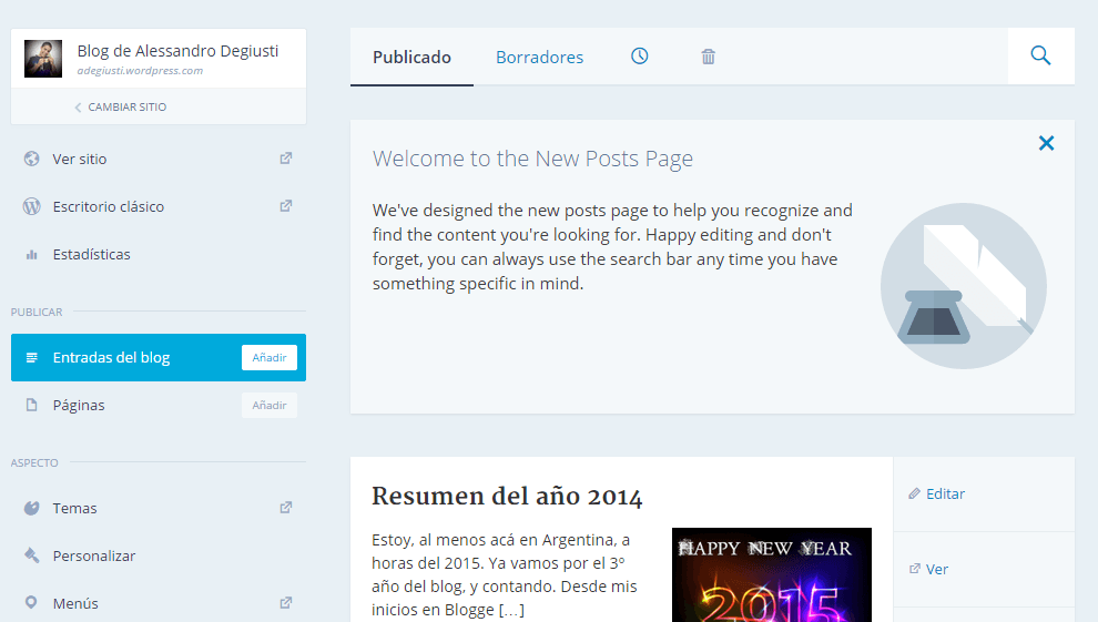 El escritorio que nos presenta WordPress.com, algo más simple.
