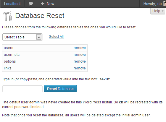 wordpress database reset plugin