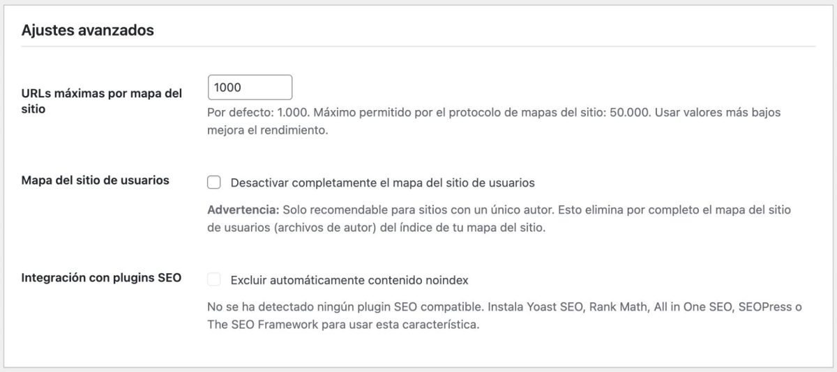 ajustes avanzados sitemap xml wordpress