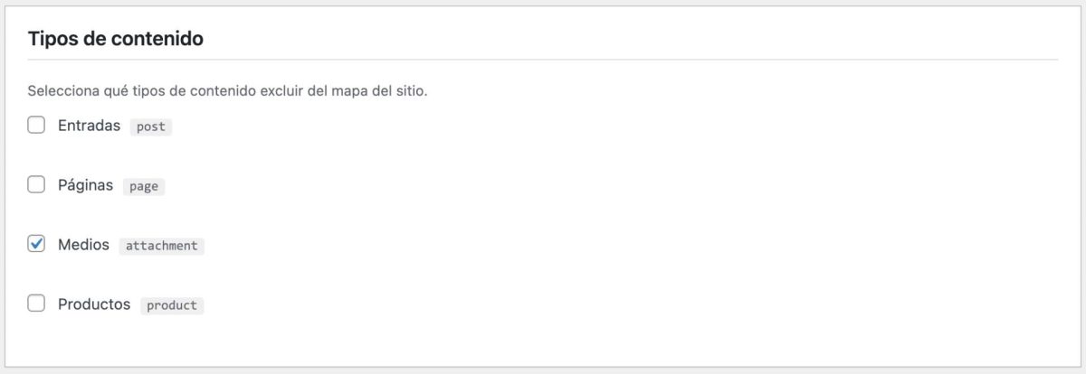contenidos a excluir del mapa del sitio wordpress