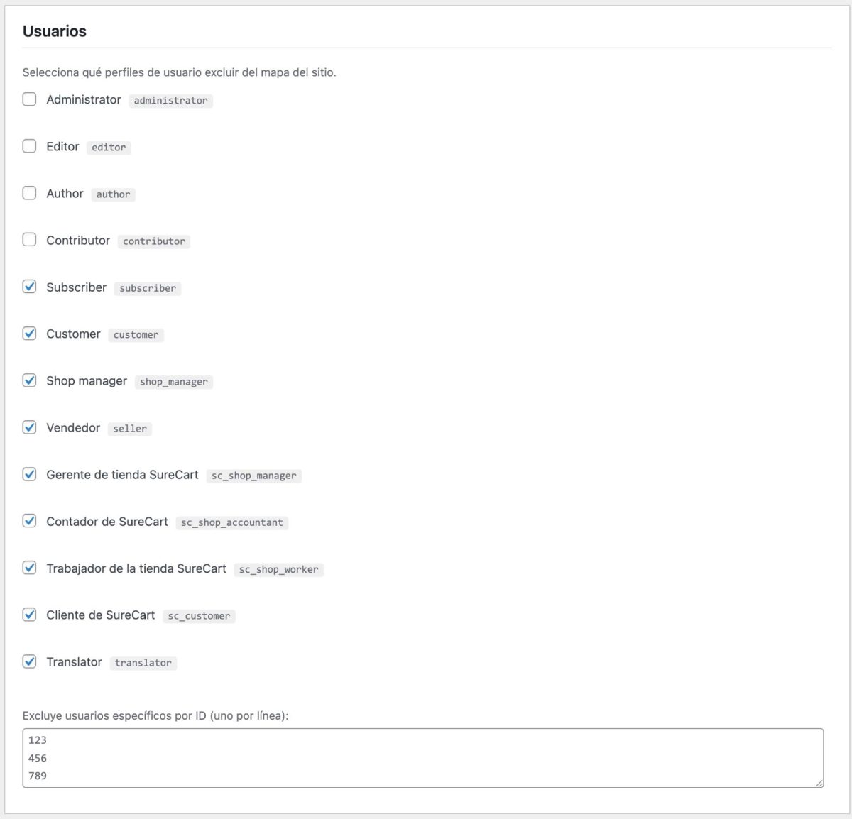usuarios a excluir del mapa del sitio wordpress