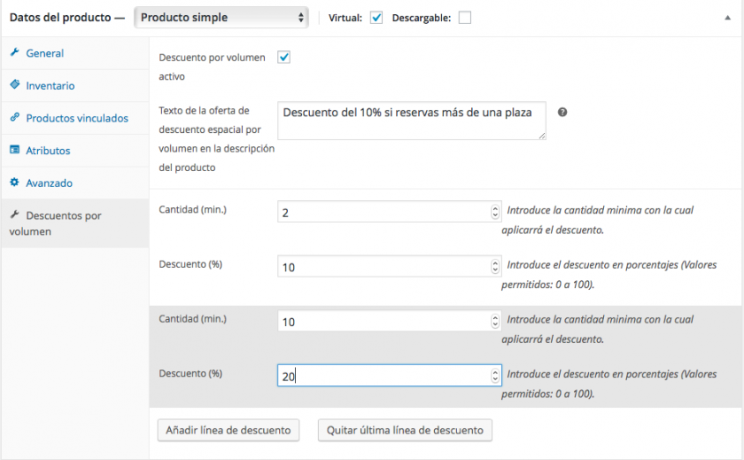 añadir nueva linea de descuento por volumen woocommerce
