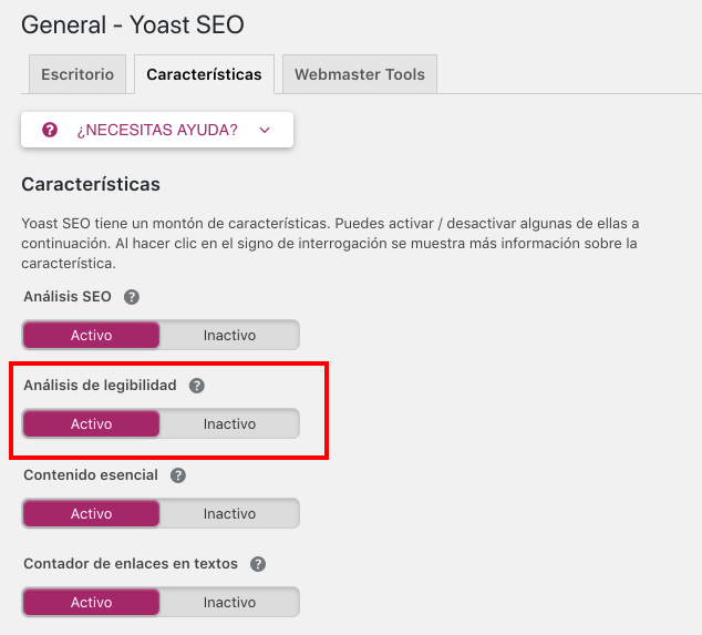 activar analisis de legibilidad yoast seo