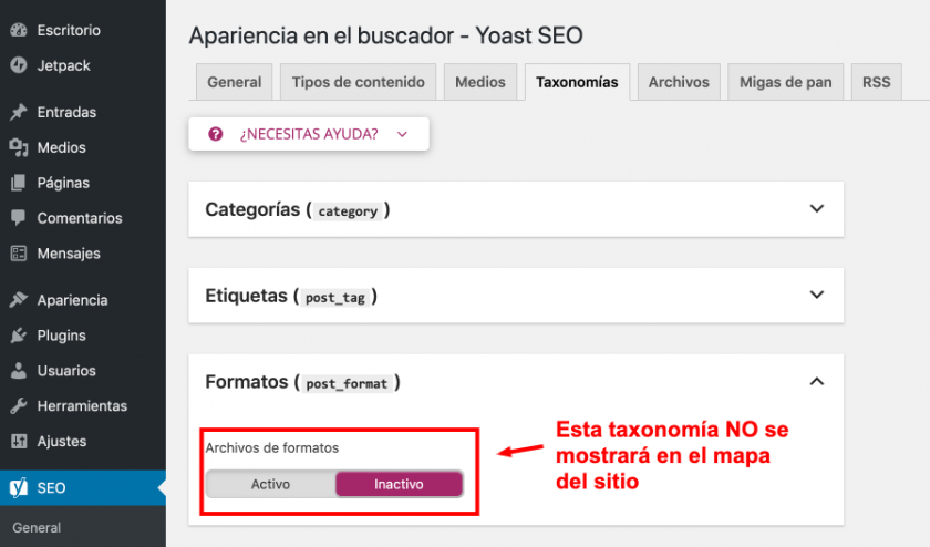 taxonomías sitemap yoast