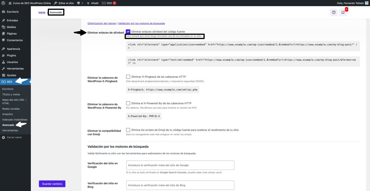 desactivar incrustados wordpress seopress