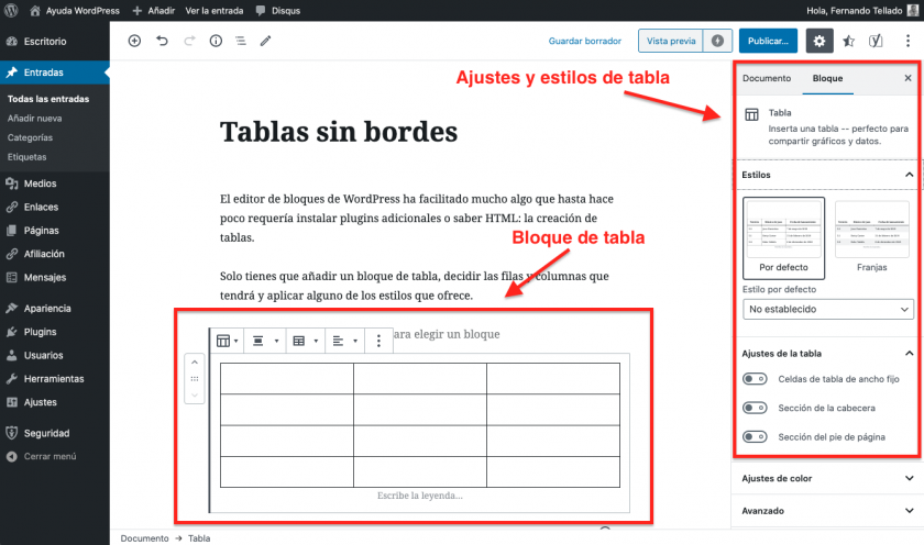 bloque de tabla editor de WordPress