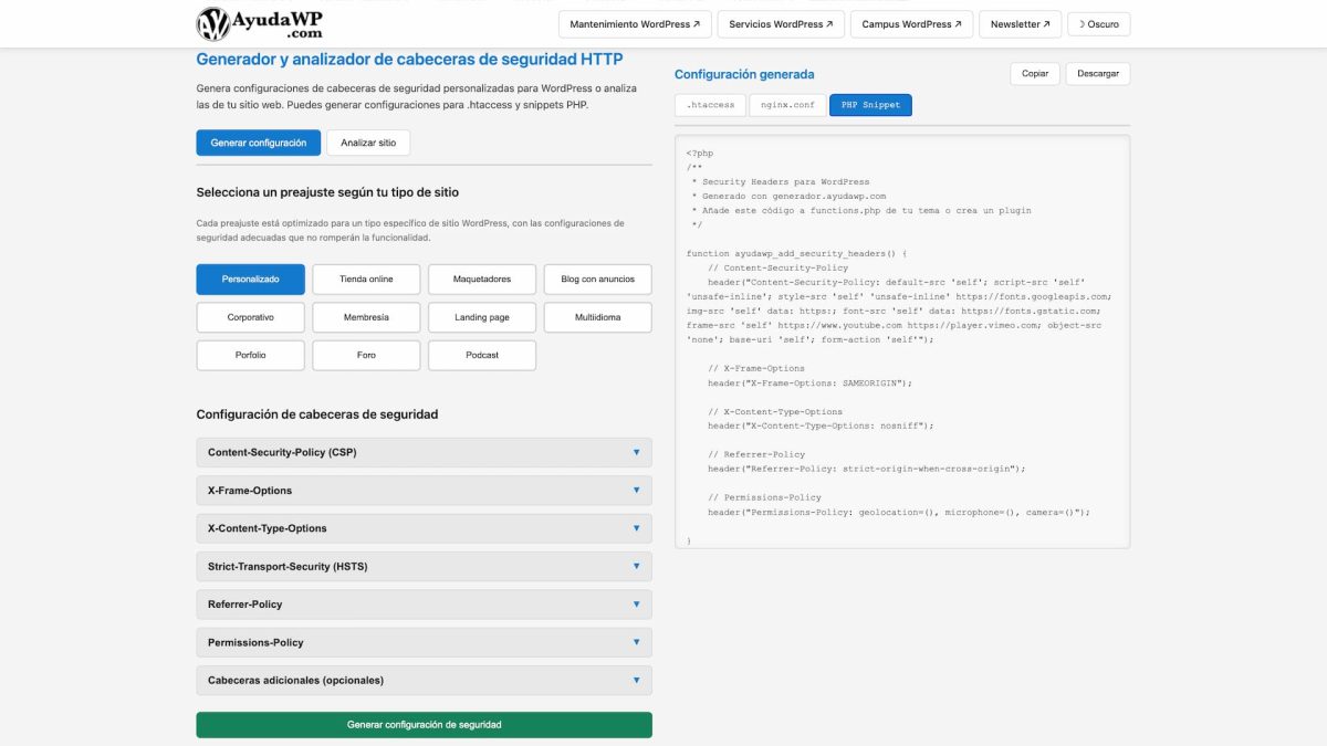 generador cabeceras seguridad http para wordpress