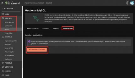 Acceder phpMyAdmin SiteGround