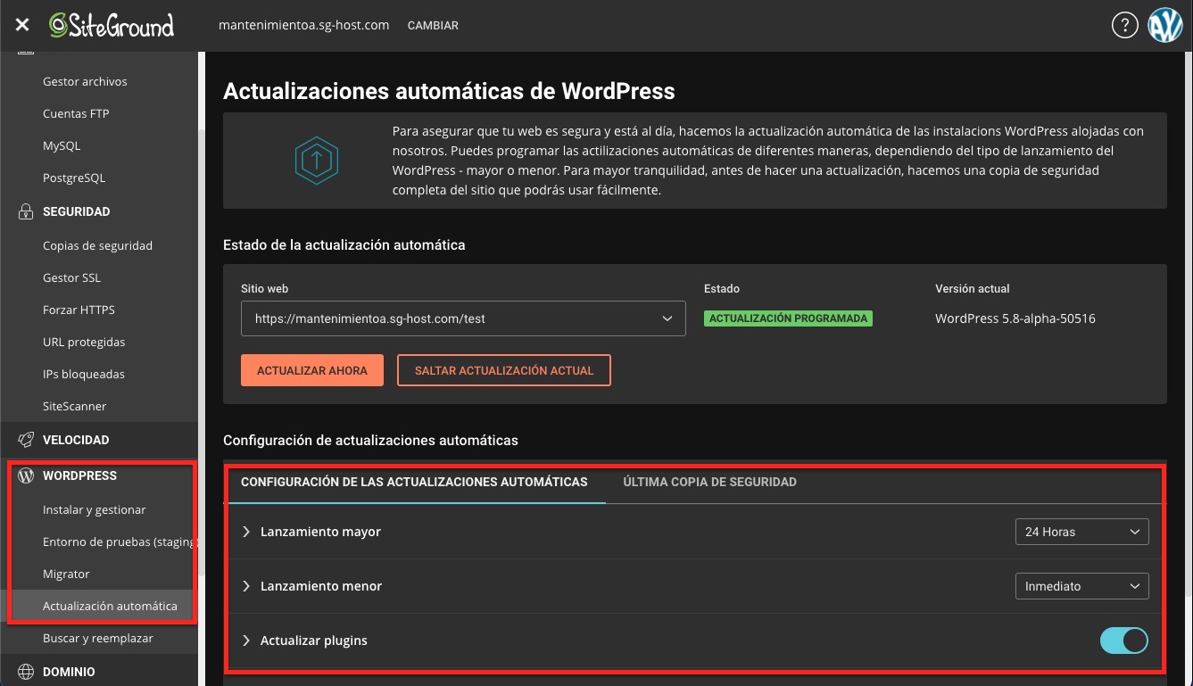 actualizaciones automáticas WordPress en SiteGround
