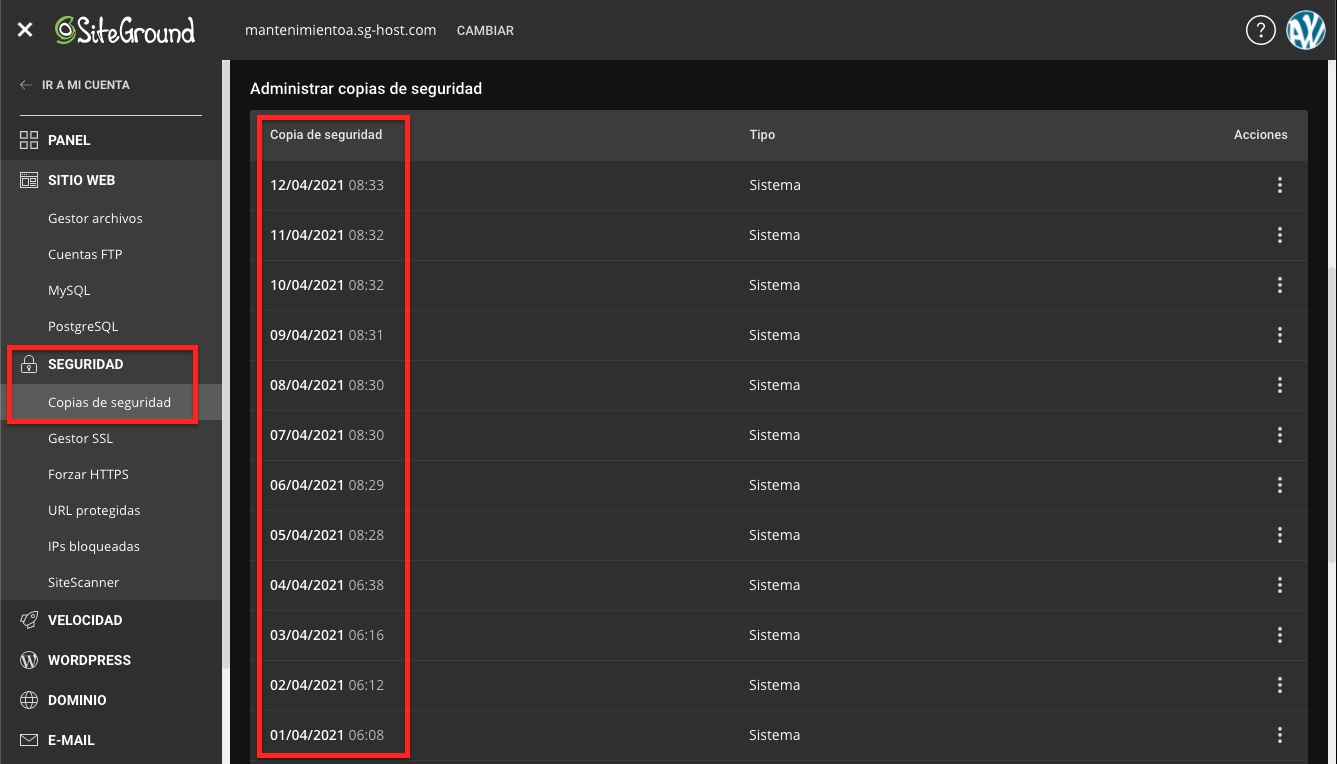 registro copias seguridad siteground