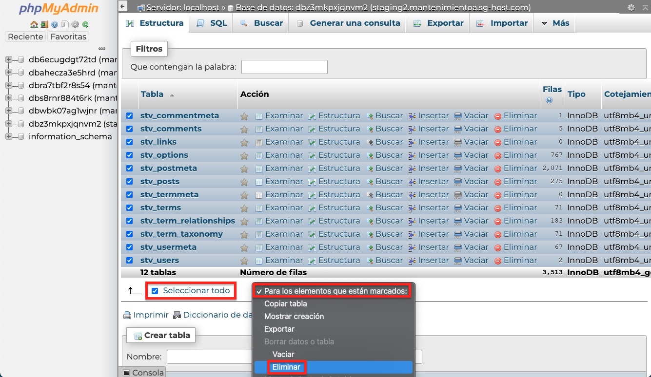 eliminar tablas base datos WordPress phpmyadmin