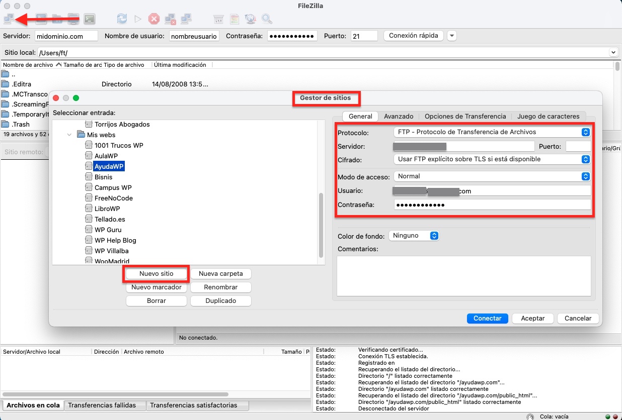 gestor de sitios ftp filezilla