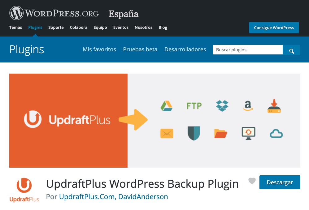 plugin WordPress updraftplus copias de seguridad backup