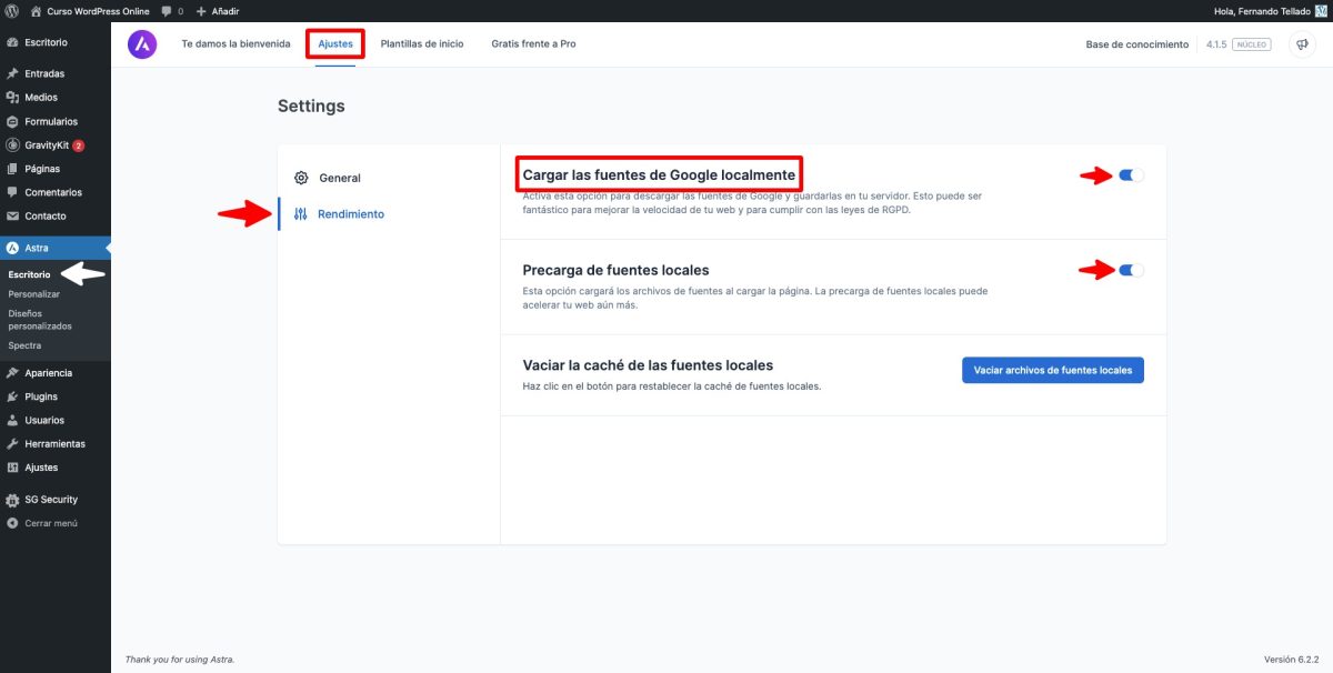 cargar localmente fuentes google tema astra