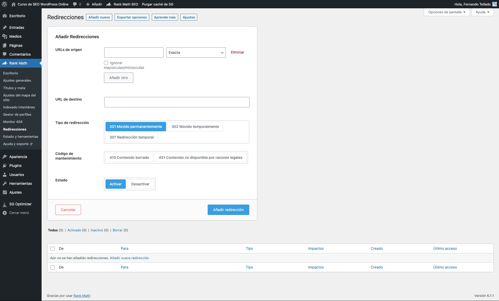 gestor redirecciones rank math seo gratis