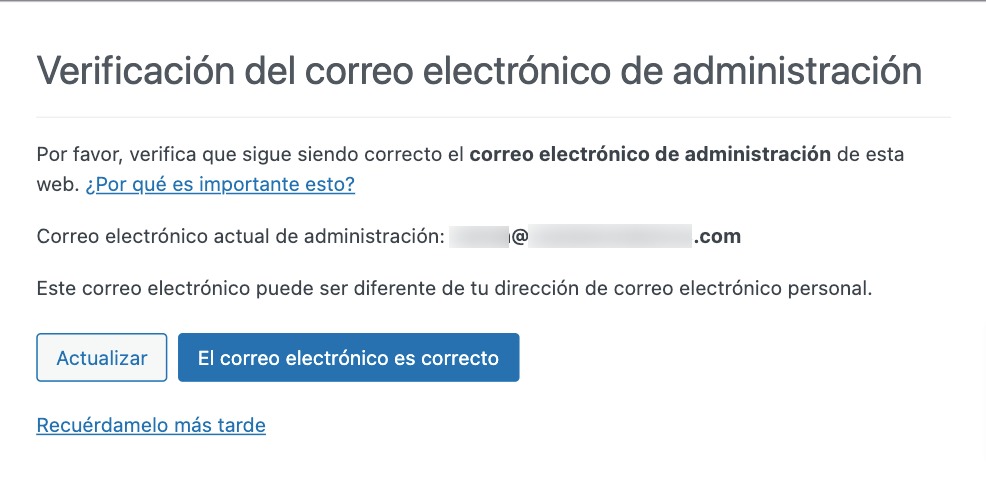 aviso verificacion correo electronico administracion wordpress