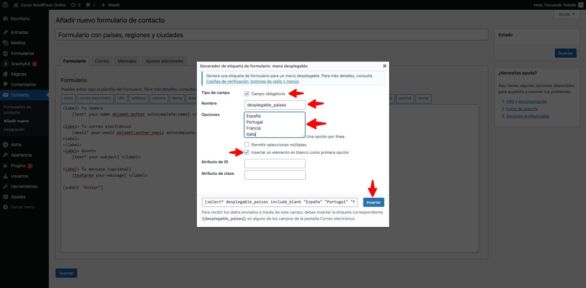 configurar desplegable paises cf7