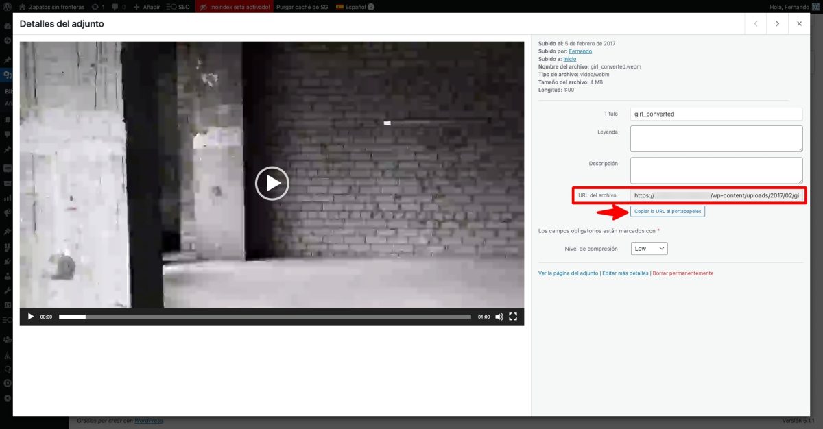 copiar url archivo medios biblioteca wordpress