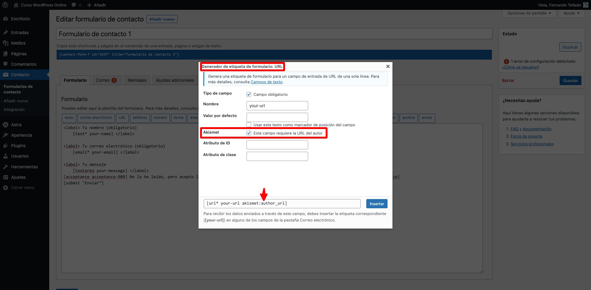 etiqueta url autor akismet contact form 7