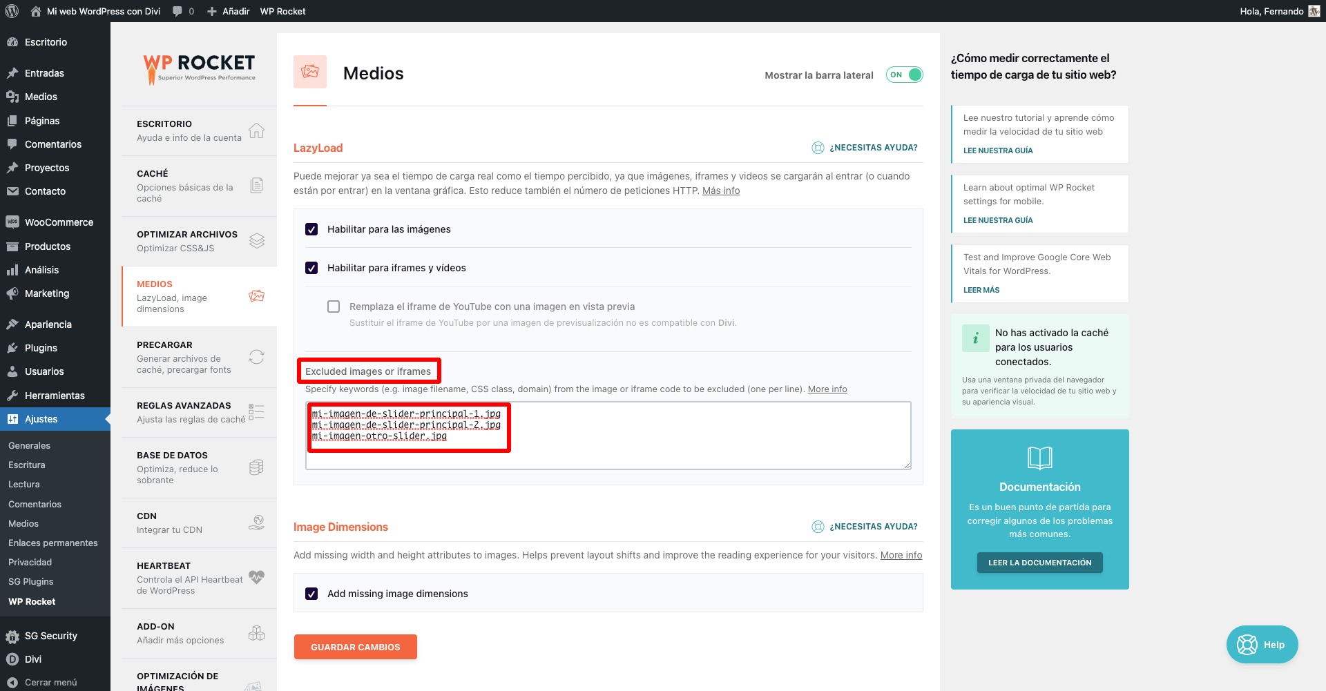 excluir imagenes lazy load wp rocket
