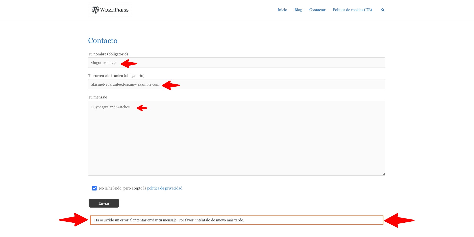 formulario contact form 7 integrado con akismet error spam