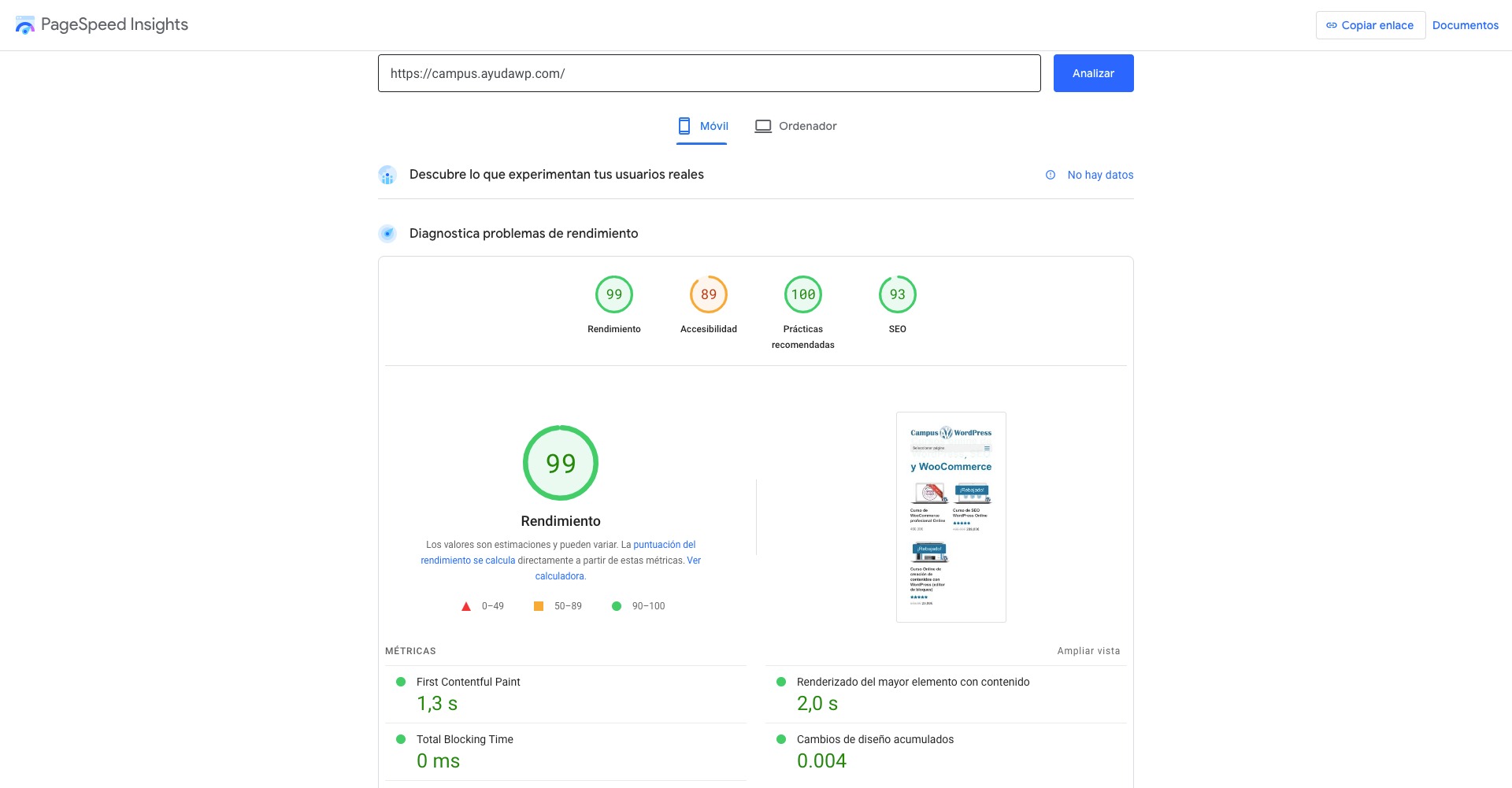 pagespeed insights campus ayudawp