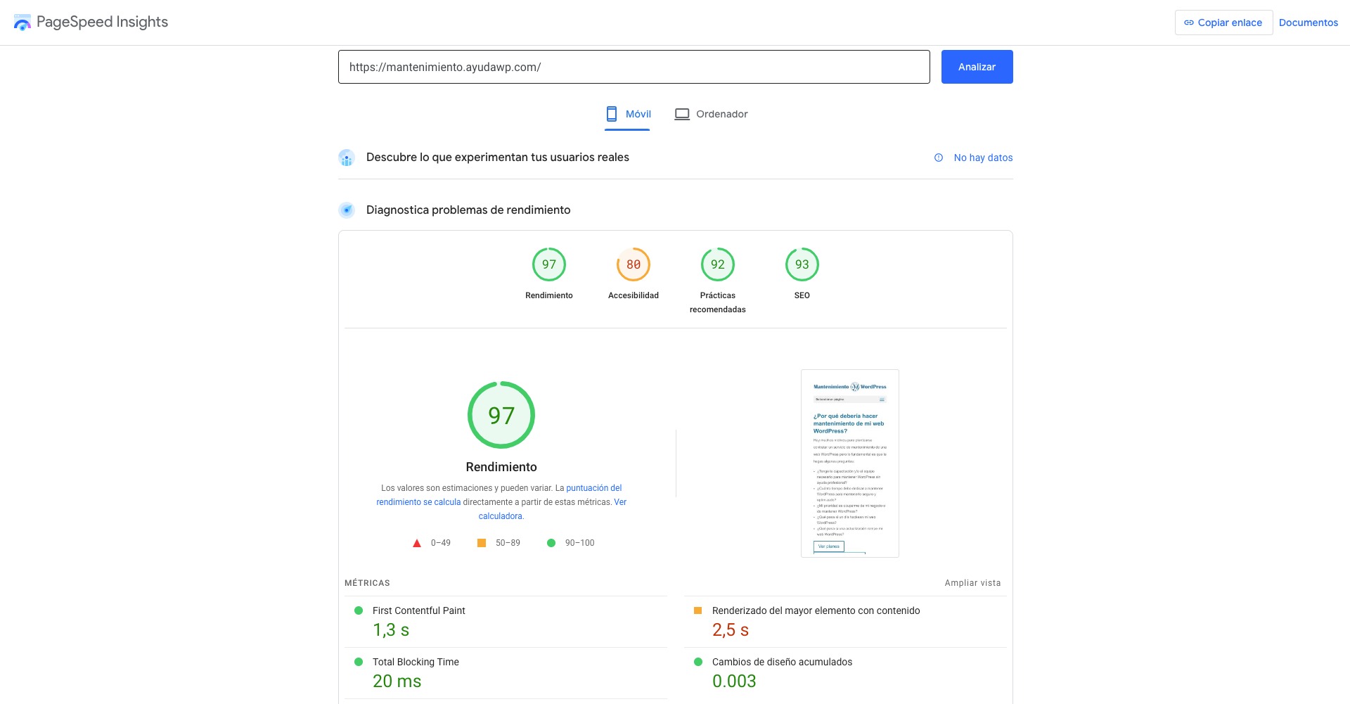pagespeed insights mantenimiento ayudawp