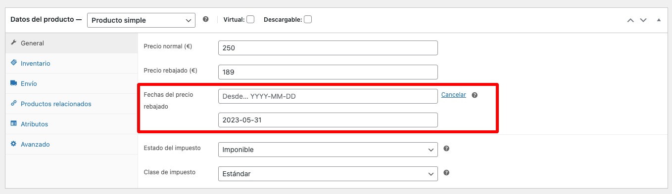fechas precio rebajado woocommerce