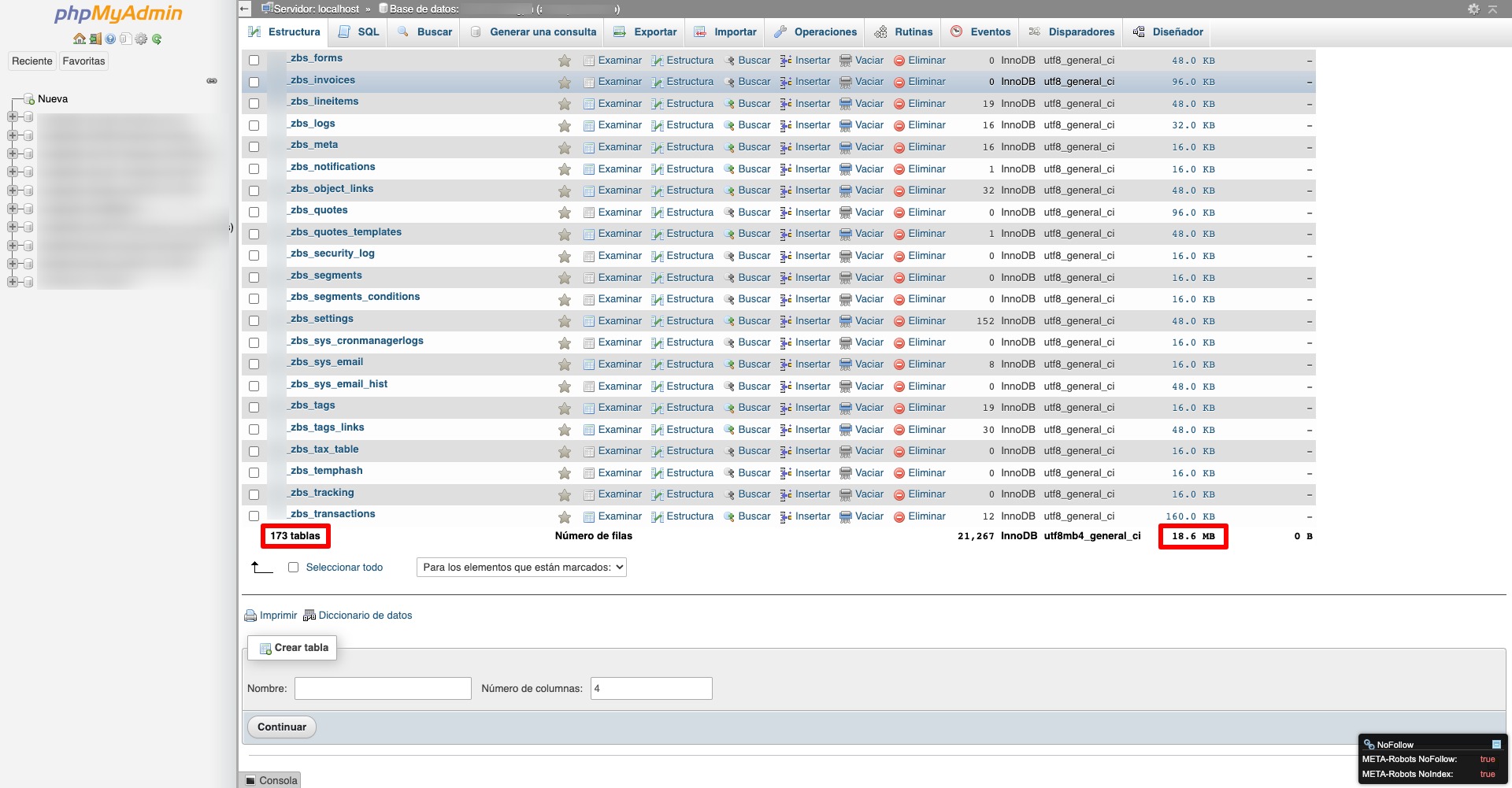 peso tablas base datos phpmyadmin