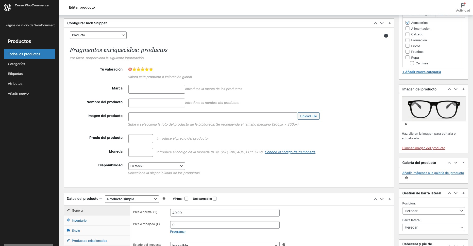 editar producto fragmentos enriquecidos