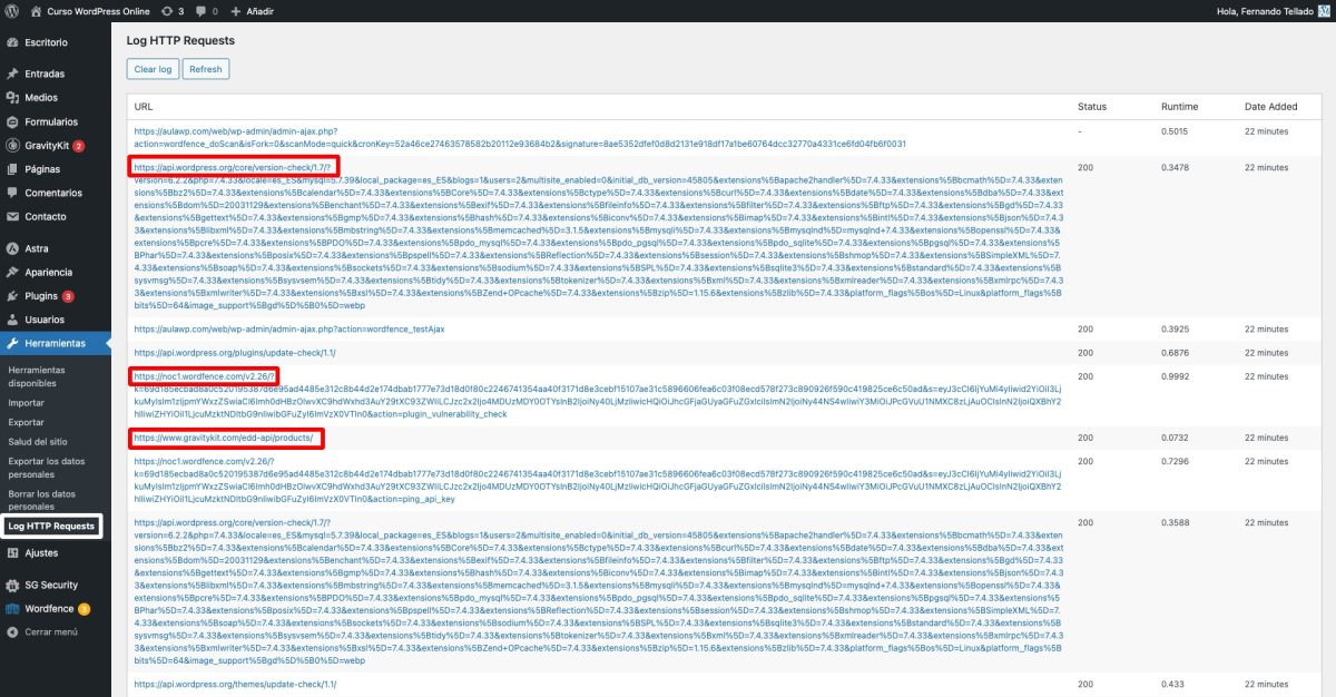 log http requests curso wordpress online — wordpress