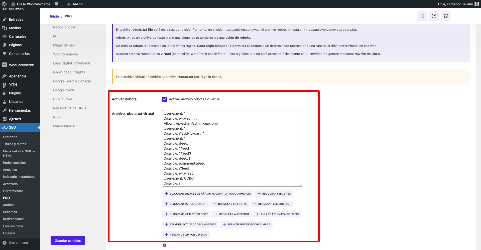 pro curso woocommerce — wordpress robots txt
