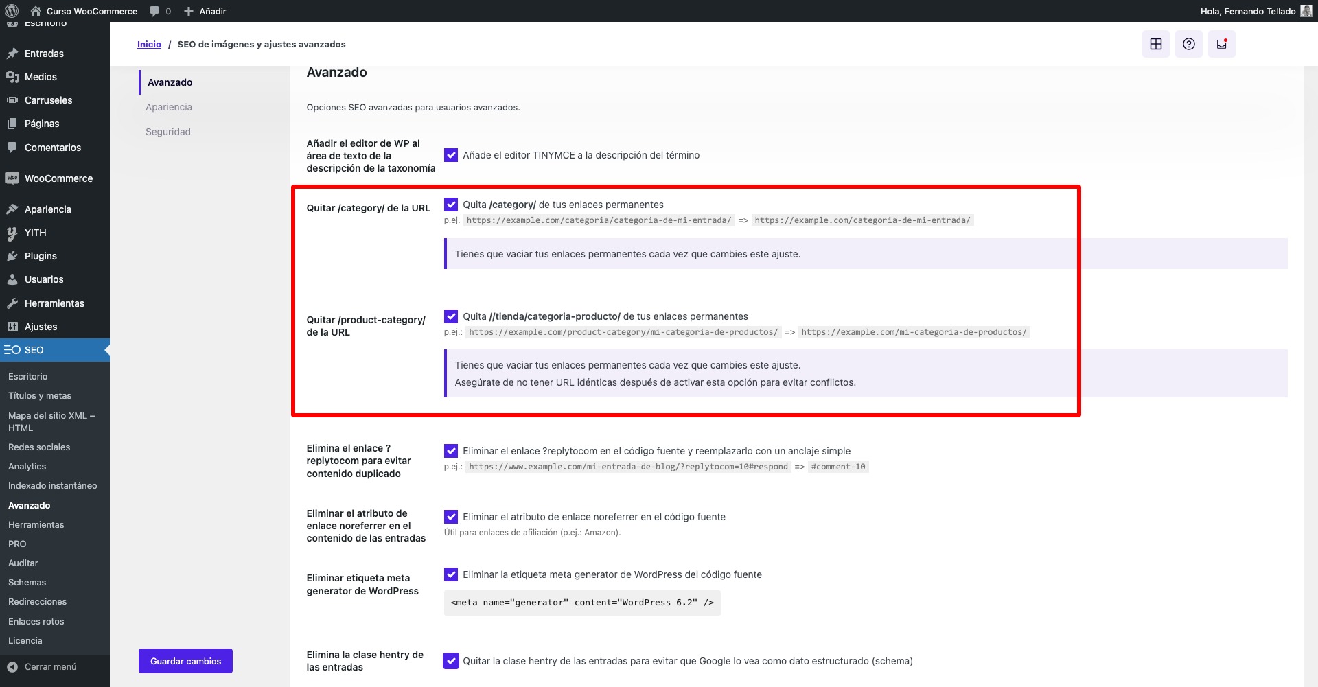 seo de imágenes y ajustes avanzados curso woocommerce — wordpress quitar category tienda