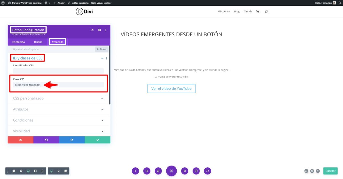 clase css boton divi video ventana emergente