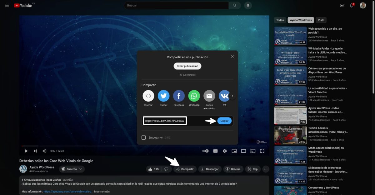 copiar url video youtube
