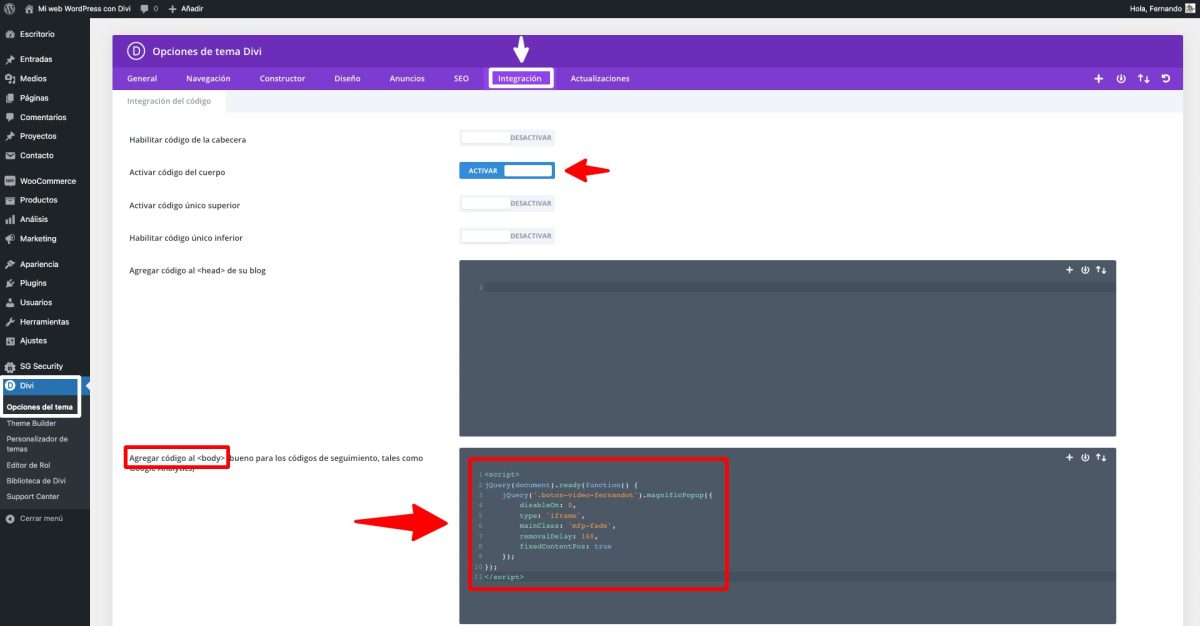 js popup video divi opciones integracion