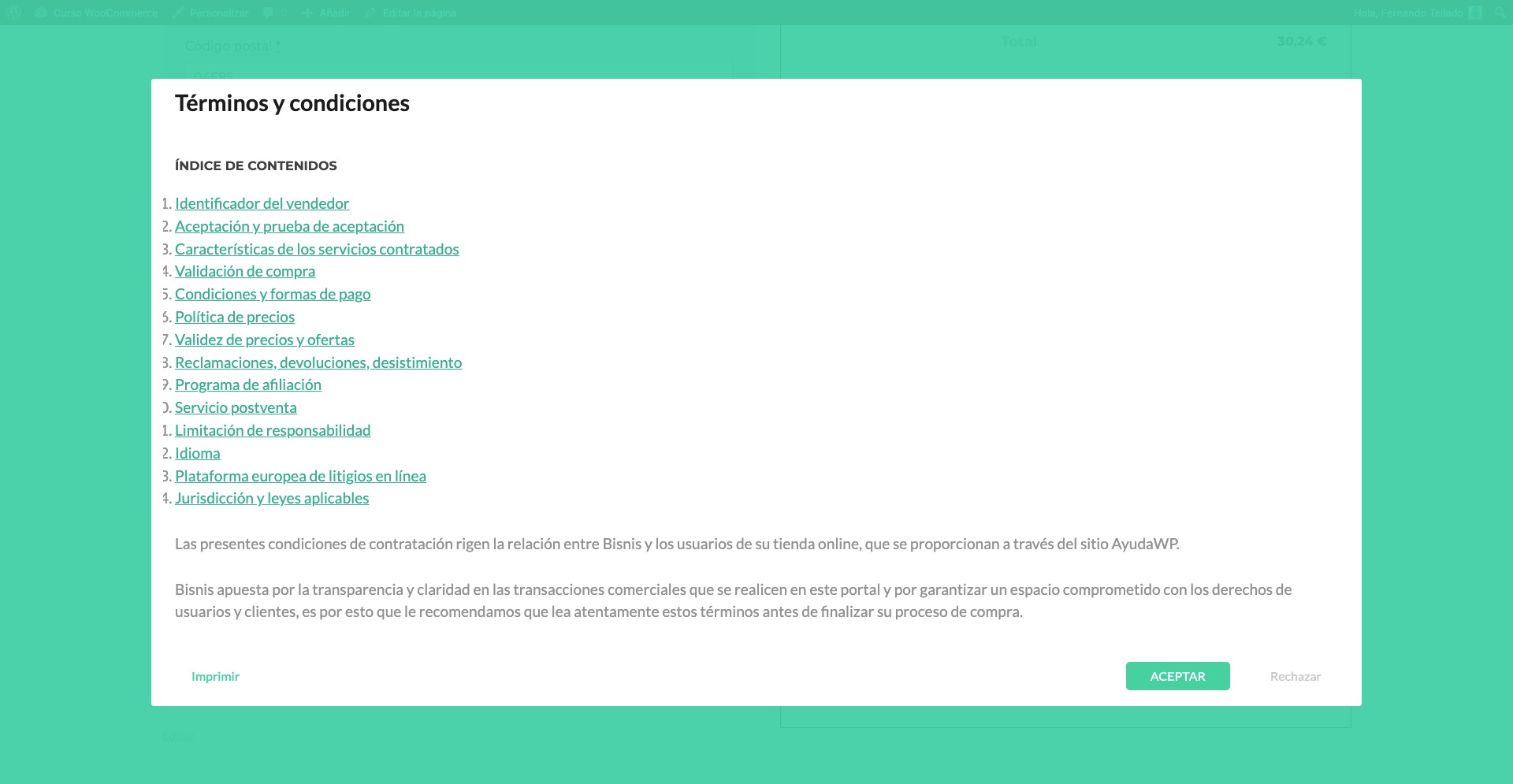terminos condiciones woocommerce popup ventana emergente verde