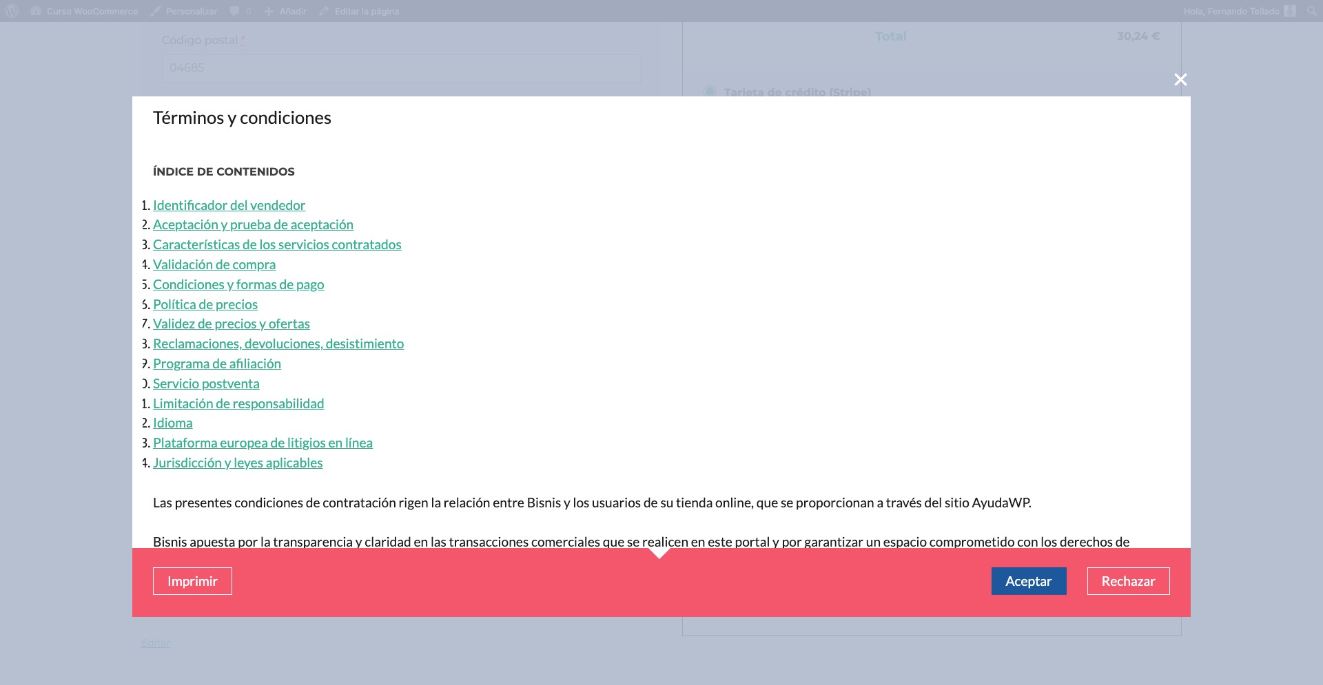 terminos condiciones woocommerce popup ventana emergente