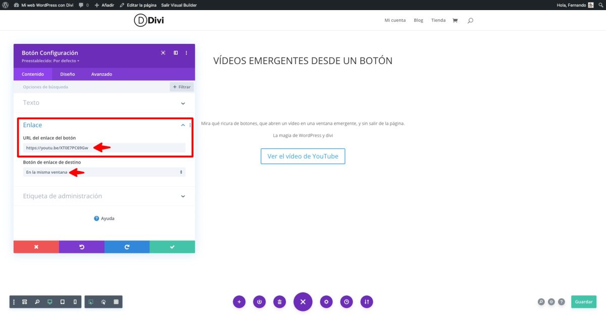 url enlace video youtube modulo boton divi