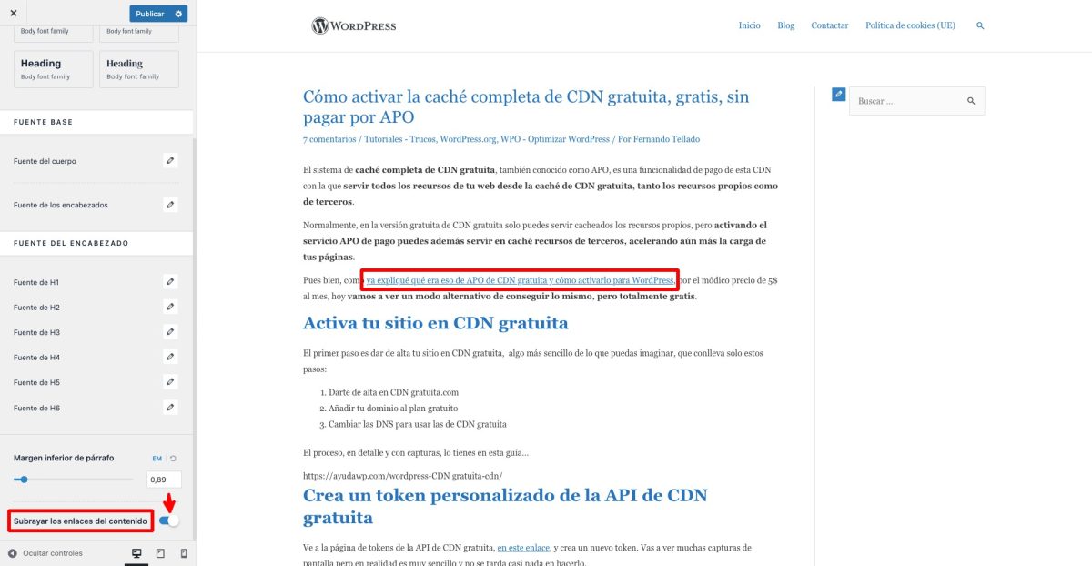 subrayar enlaces del contenido con el tema astra