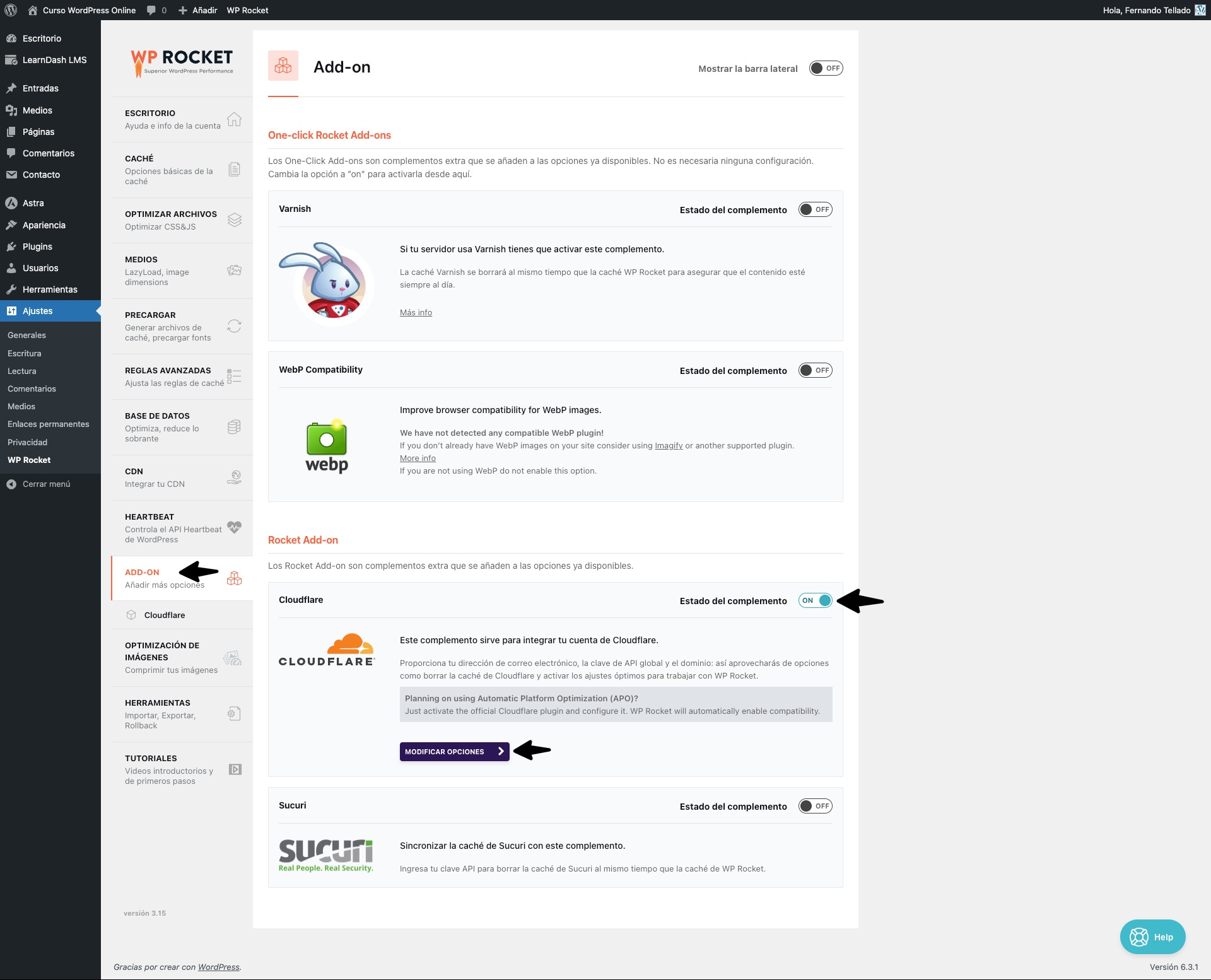 wp rocket addon activar cloudflare learndash