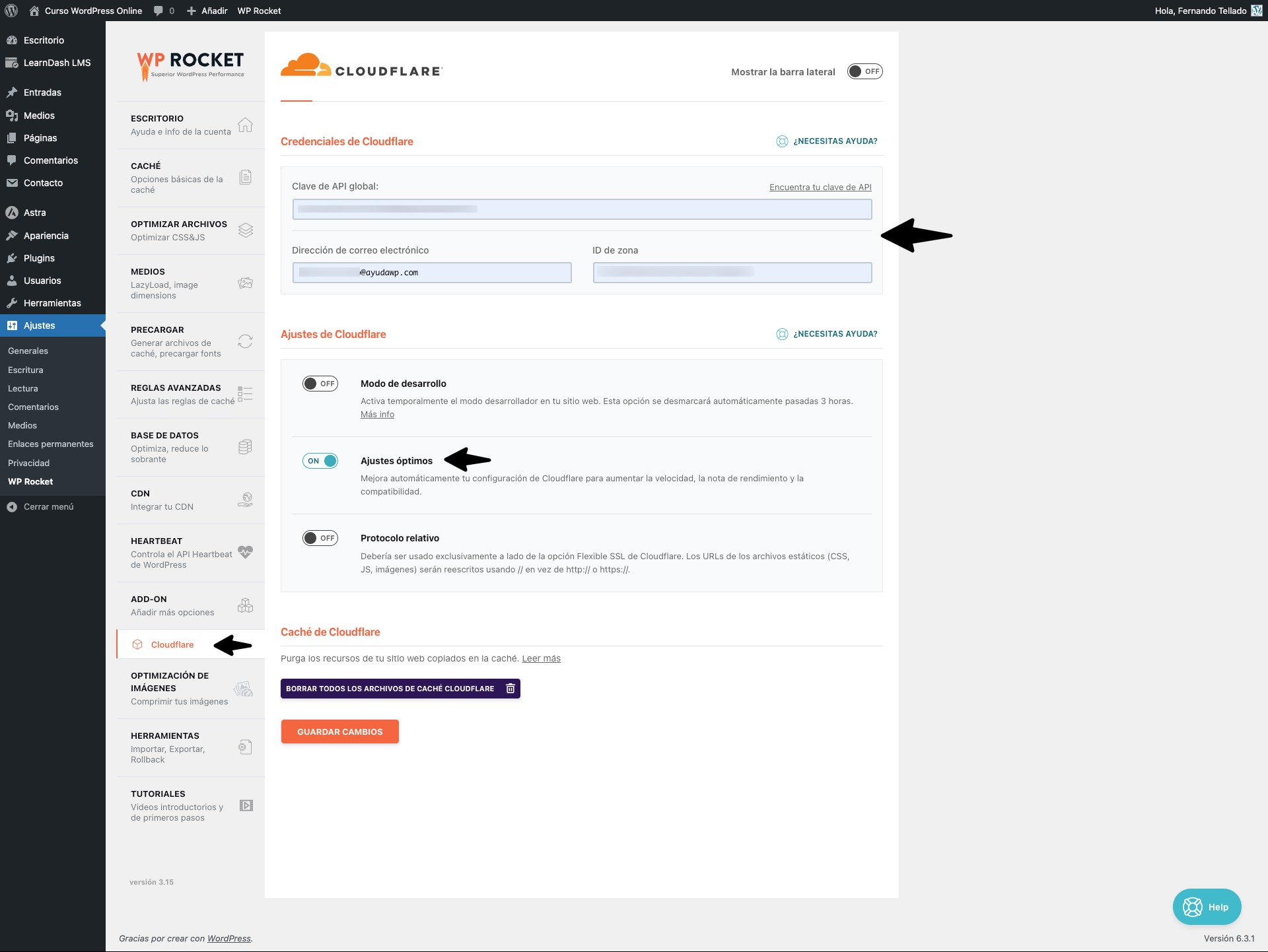 wp rocket addon ajustes cloudflare learndash