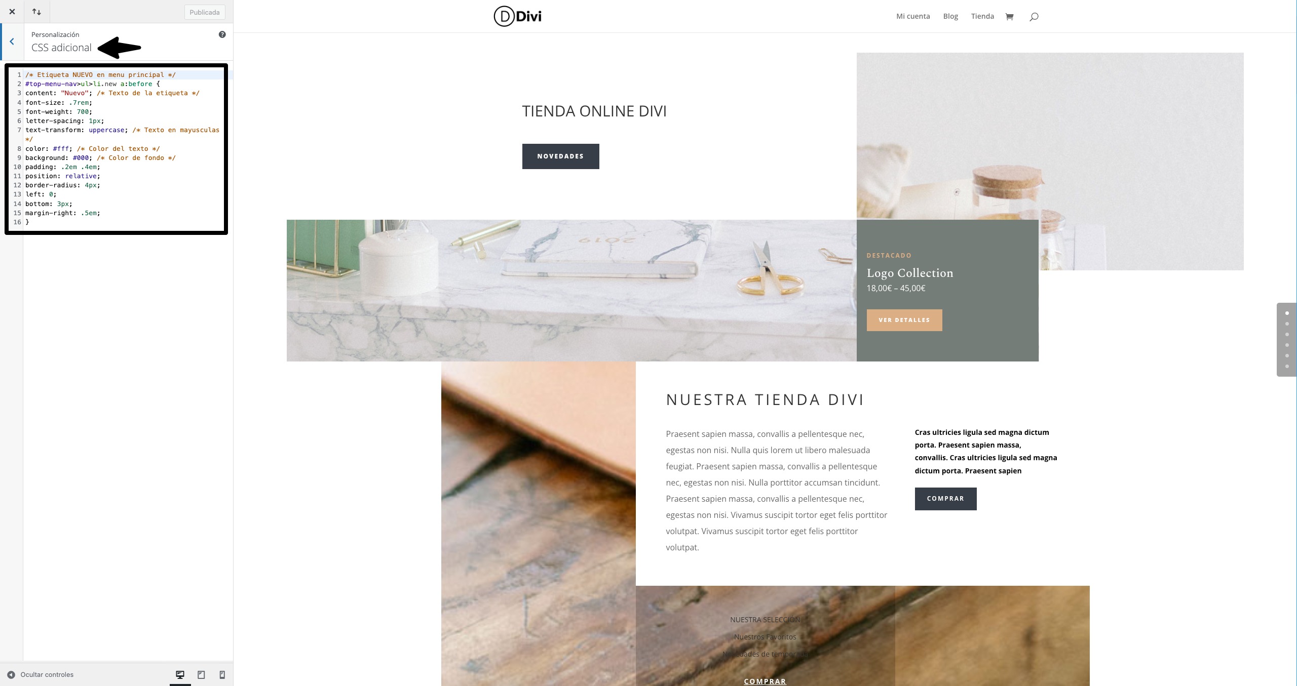 css adiciional divi elemento nuevo en menu