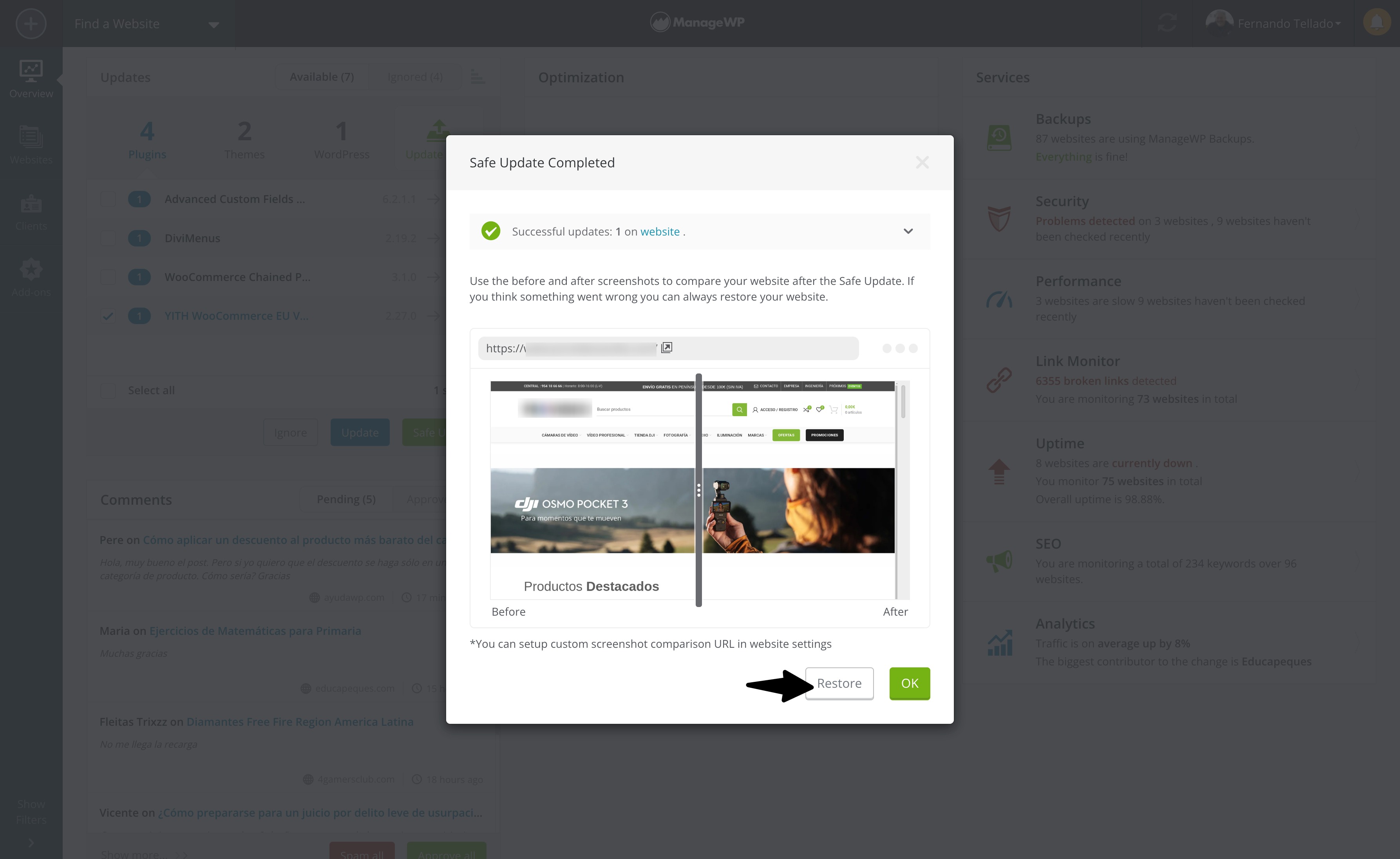 managewp restaurar safe update
