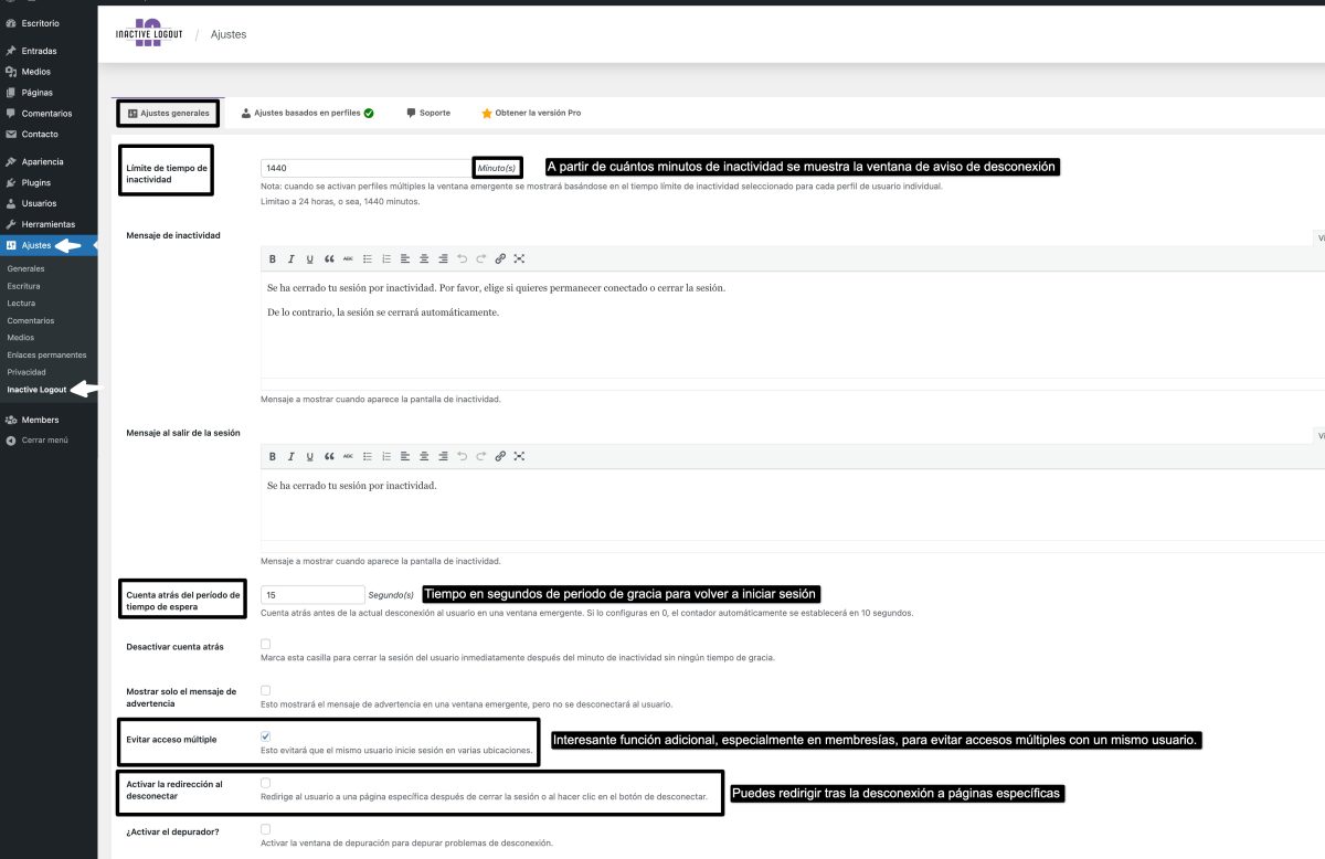 ajustes de cierre de sesiones inactivas
