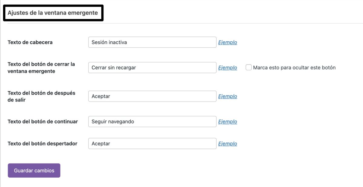 ajustes de cierre de sesiones inactivas ajustes ventana emergente