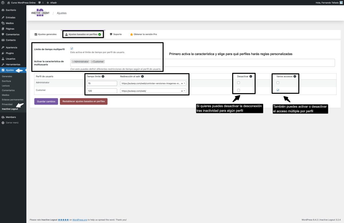 ajustes de cierre de sesiones inactivas por perfil